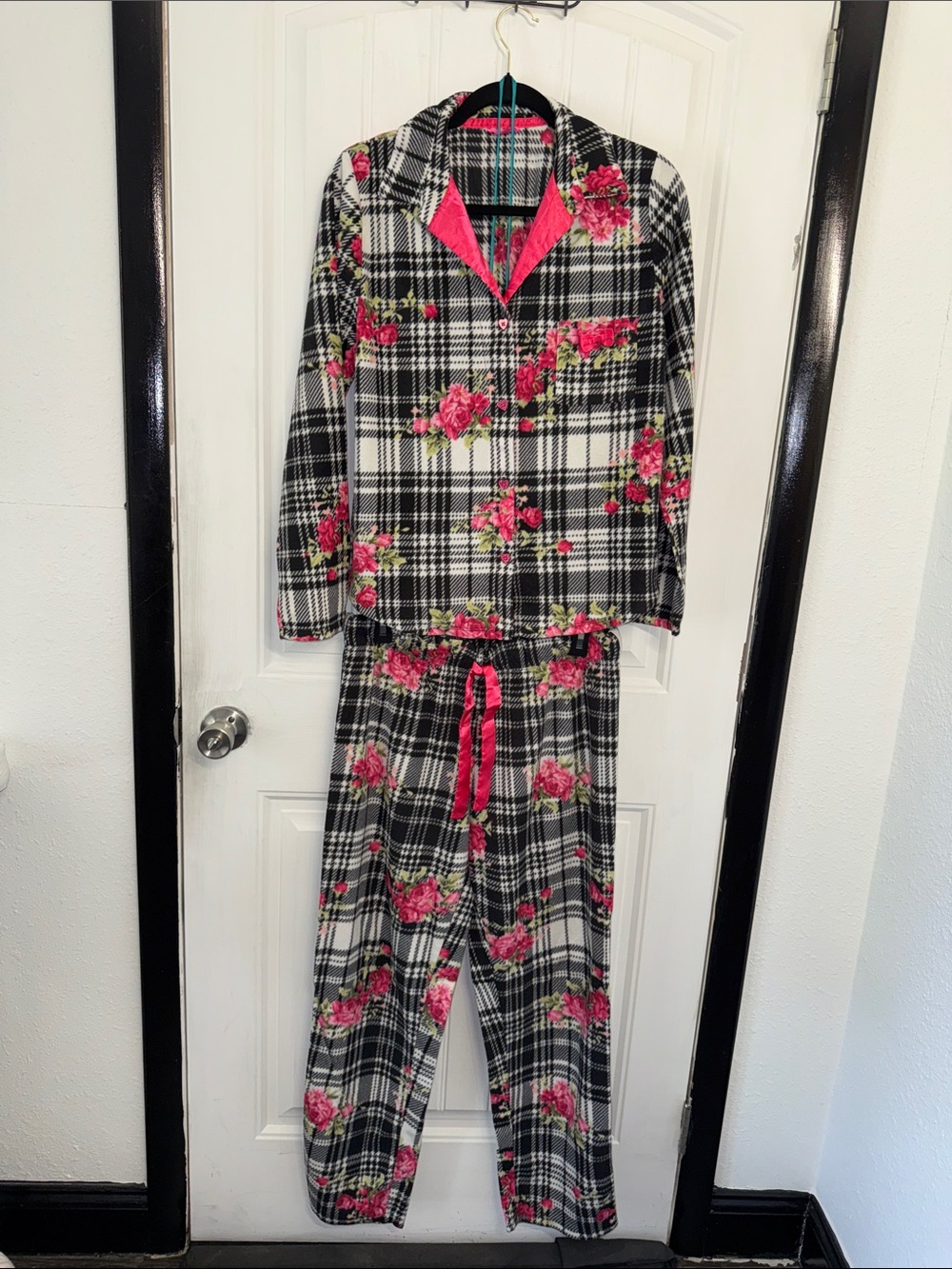 Pink Floral Plaid Kids Pajama Set - Long Sleeve Top & Pants